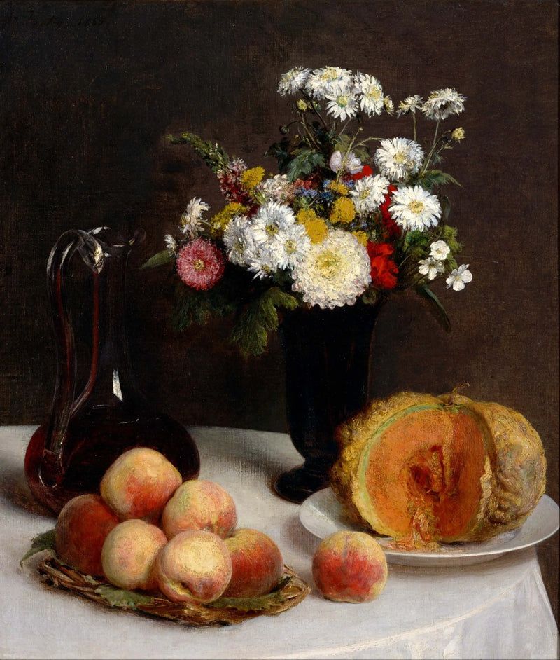 Still life with a carafe, flowers, and fruits - Henri Fantin-Latour