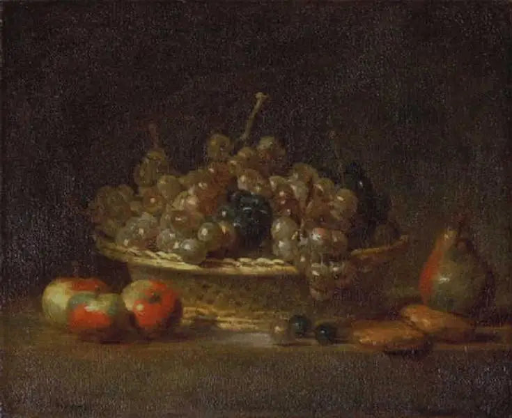 Still life with a basket of raisins, with three apples, a pear, and two marzipans - Jean Siméon Chardin