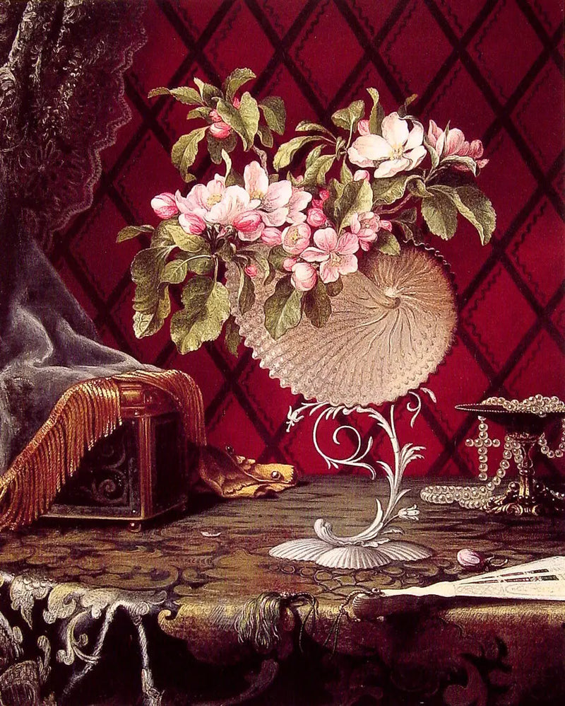 Still life with apple blossom flowers in a nautilus shell - Martin Johnson Heade