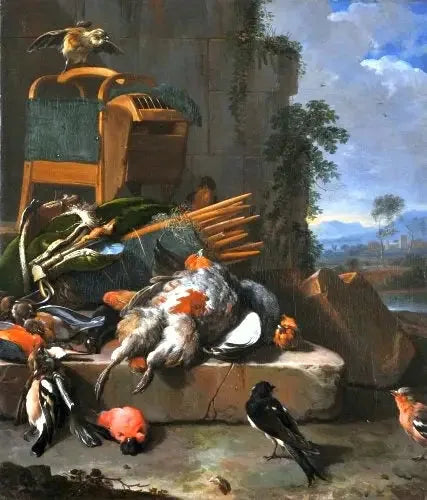 Still life with birds (Hunting equipment). - Melchior de Hondecoeter