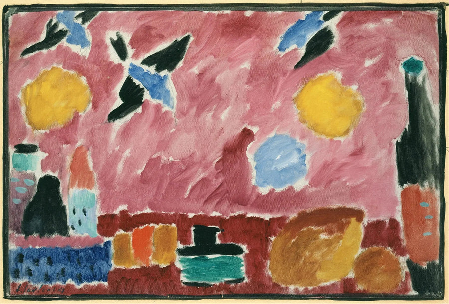 Still life with bottle, bread and red wallpaper with swallows - Alexej von Jawlensky