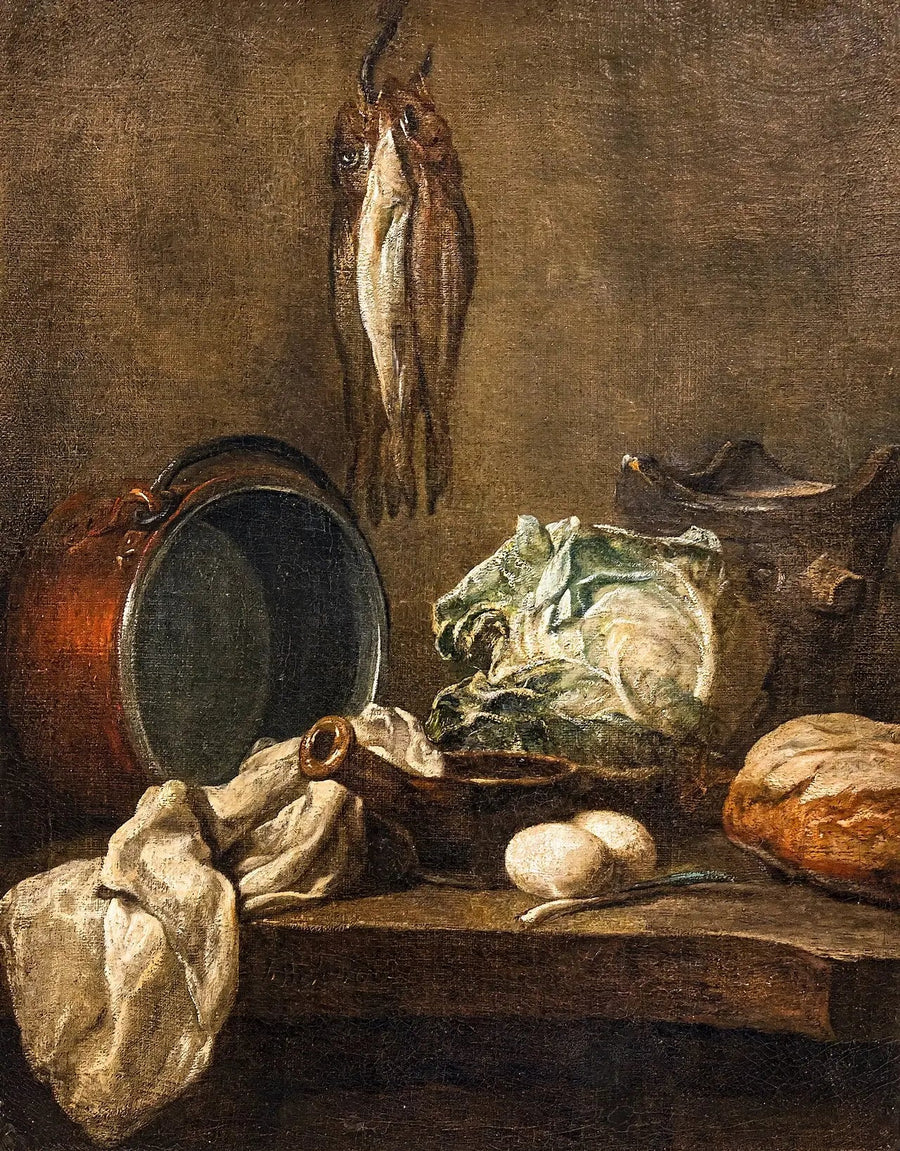 Still life with cauldron, pot, stove, dish towel, cabbage, two eggs, leek, bread and three herring - Jean Siméon Chardin