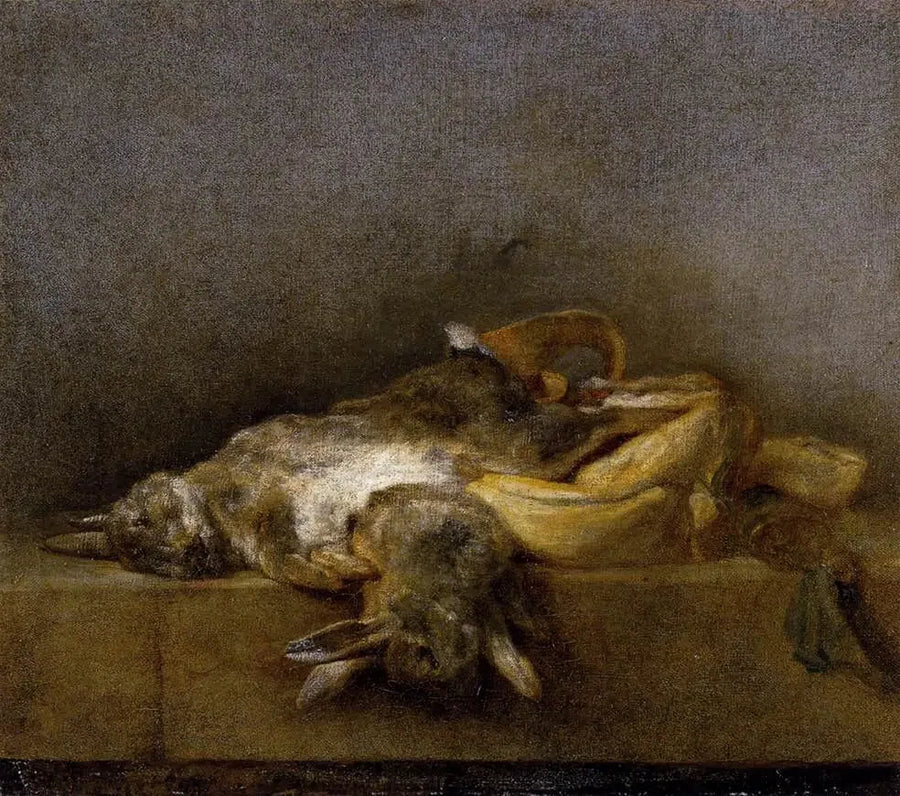 Still life with two rabbits, a game bag, and a powder pear - Jean Siméon Chardin
