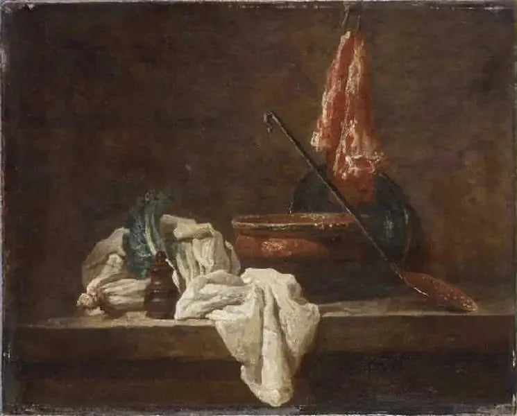 Still life with two stalks of celery, spice box, dish towel, terrine, plate, skimmer, and piece of meat - Jean Siméon Chardin