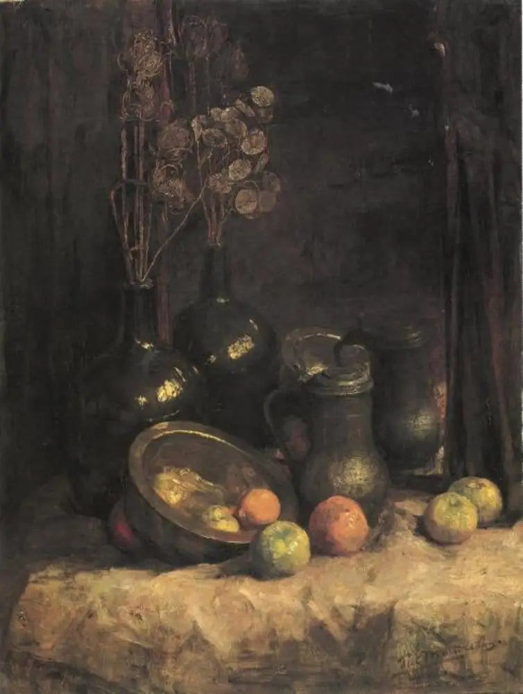 Reproduction du tableau « Nature morte avec miroir, récipients, honnêteté et fruits - Piet Mondrian » par Alpha Reproduction en peinture à l’huile