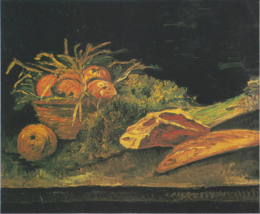 Still life with basket of apples, meat, and rolls - Vincent van Gogh