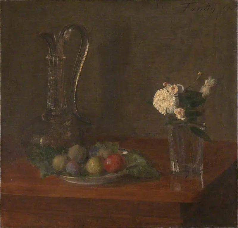 Still life with glass pitcher, fruits and flowers - Henri Fantin-Latour