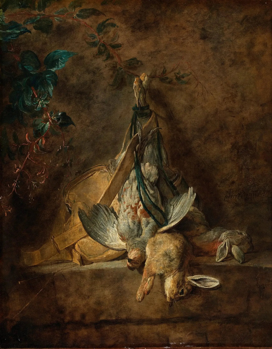 Still life: two rabbits, a grey partridge, a game bag, and a powder pear - Jean Siméon Chardin