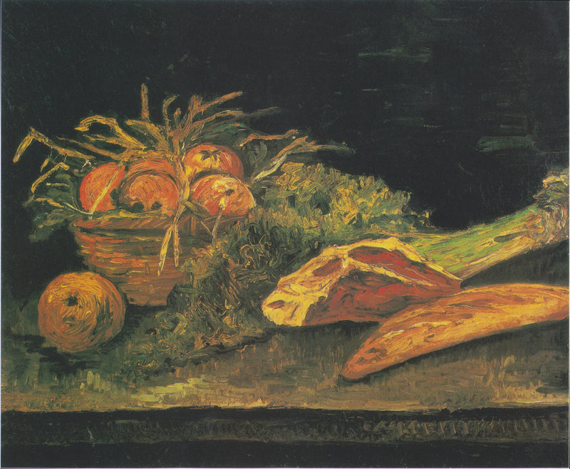 Still life with basket of apples, meat, and rolls - Vincent van Gogh