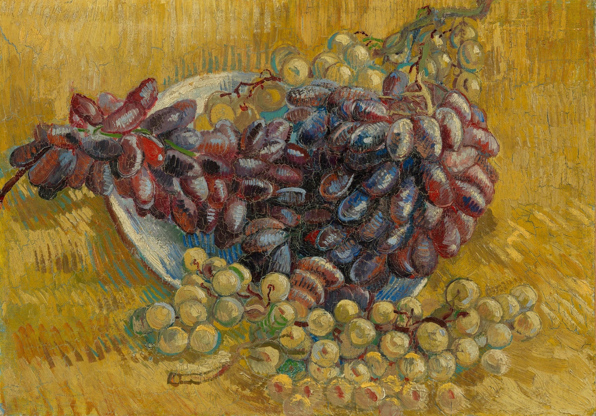 Raisins, F603 — grappes rouges, bleues et vertes sur un fond jaune peintes par Vincent van Gogh