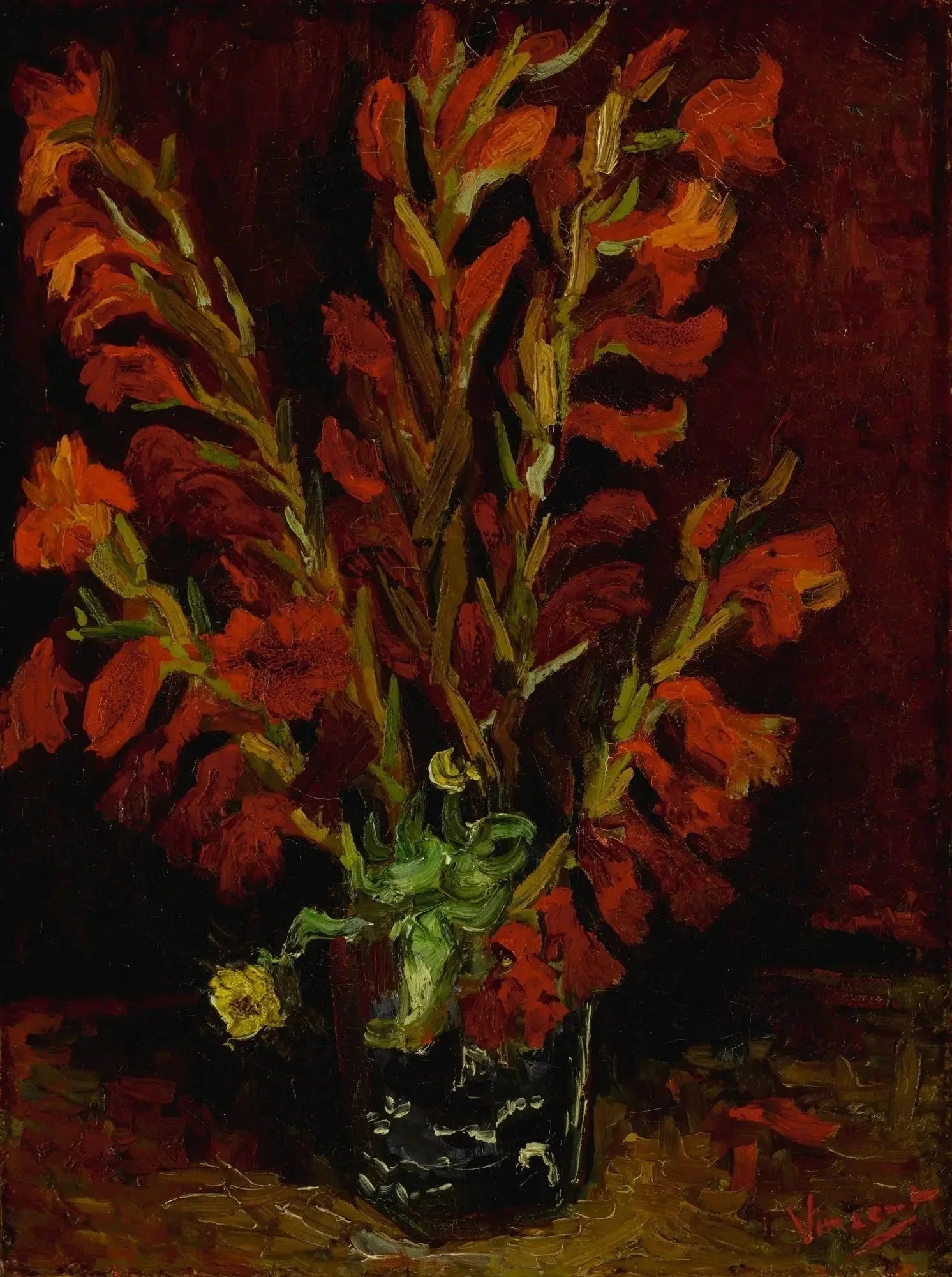 Nature morte : vase aux glaïeuls F248 — bouquet rouge orangé peint par Vincent van Gogh à Paris