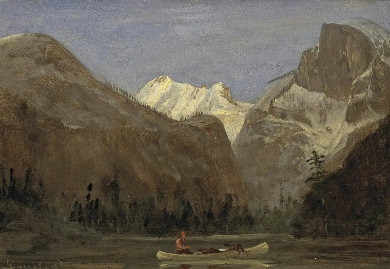 Navigation à travers la vallée de Yosemite with Half Dome in the distance - Albert Bierstadt