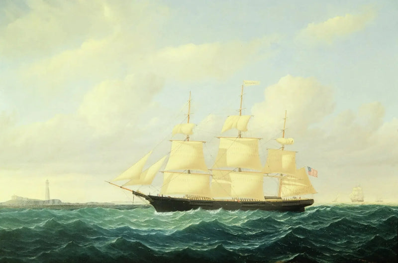Clipper ship with waves off Boston Lighthouse - William Bradford