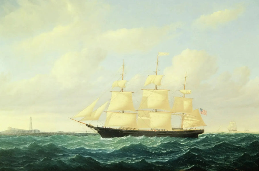 Clipper ship with waves off Boston Lighthouse - William Bradford