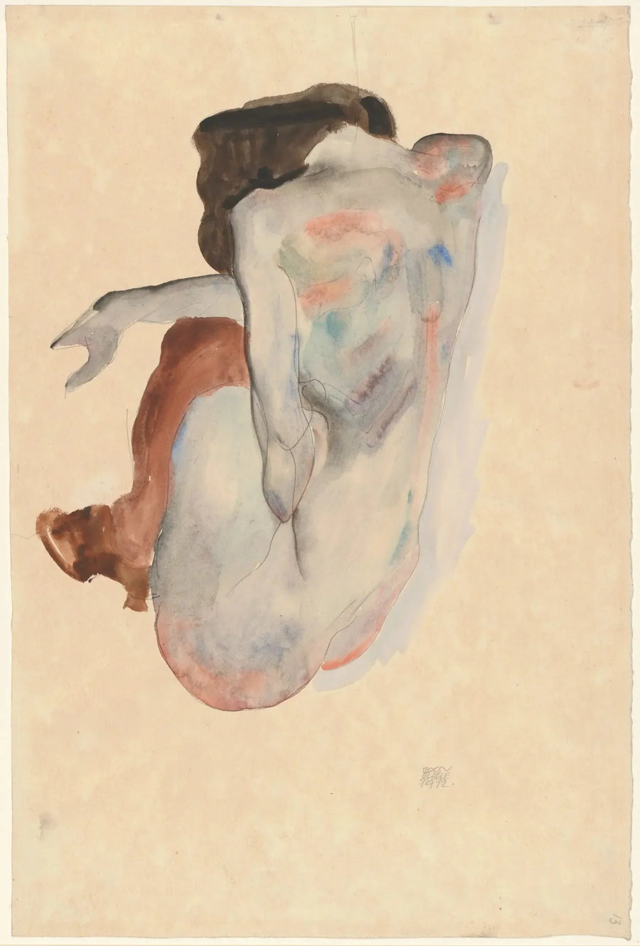 Nude crouching in black shoes and stockings, seen from behind - Egon Schiele