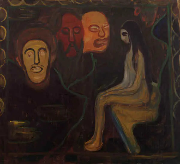 Sitting Nude and Three Male Heads - Edvard Munch