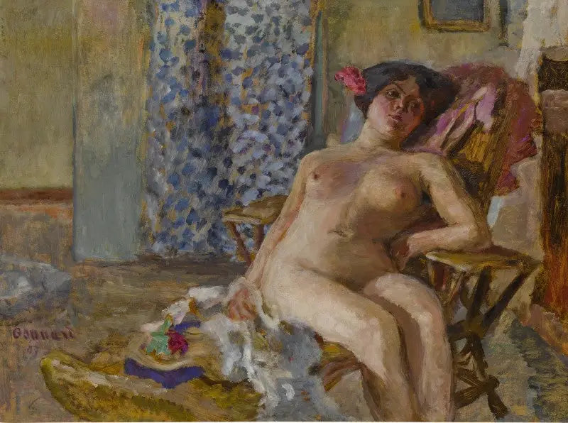 Nude Sitting, Flowers in the Hair (Study of a Nude) - Pierre Bonnard