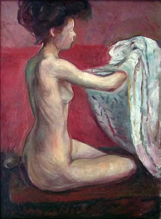 Nude Sitting on a Red Background - Edvard Munch