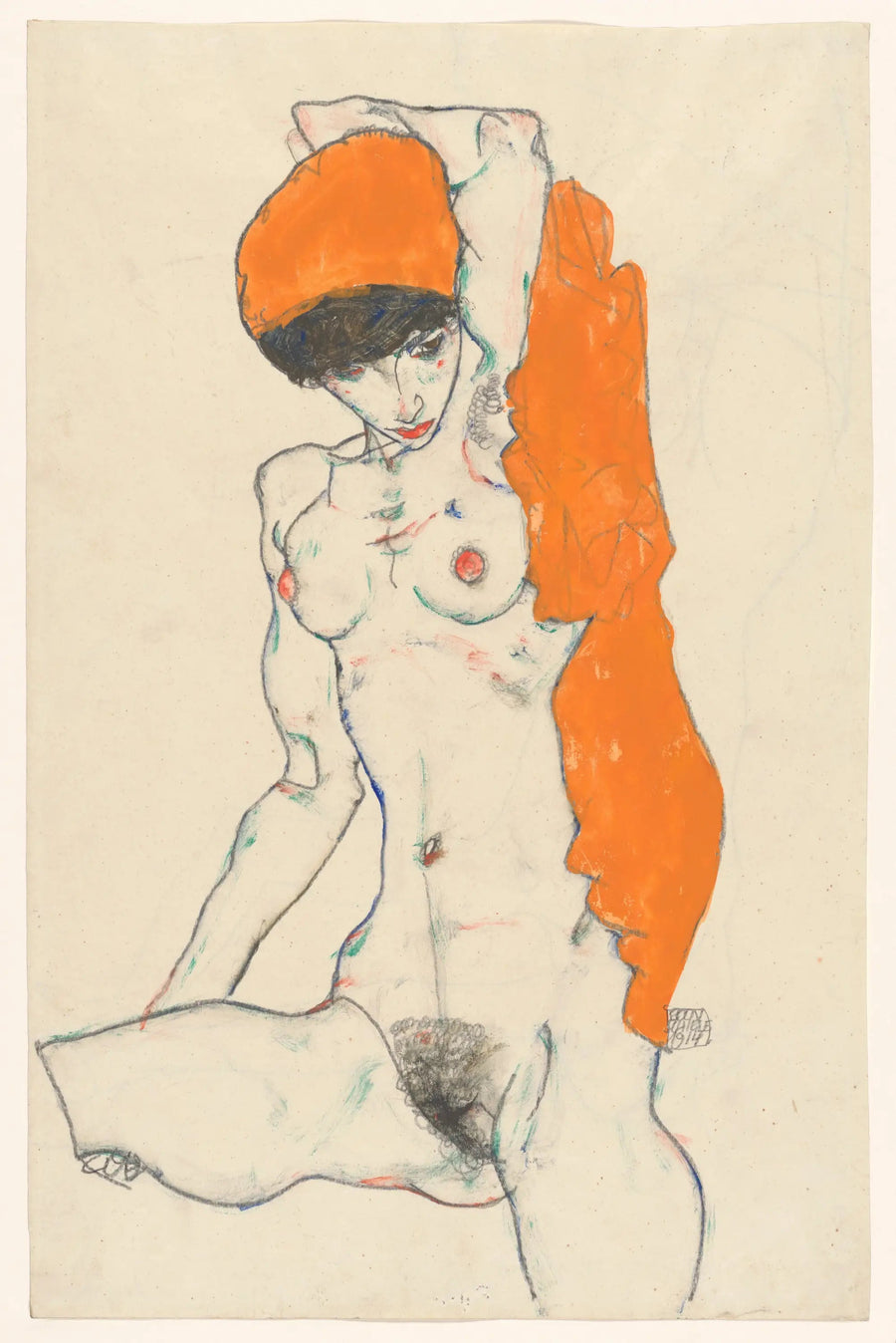 Standing Nude with Orange Drapery - Egon Schiele