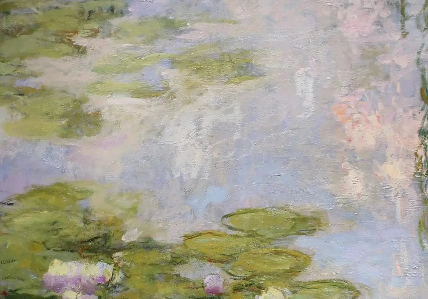 Détail des reflets mauves et des végétaux dans Nymphéas W1854 de Claude Monet