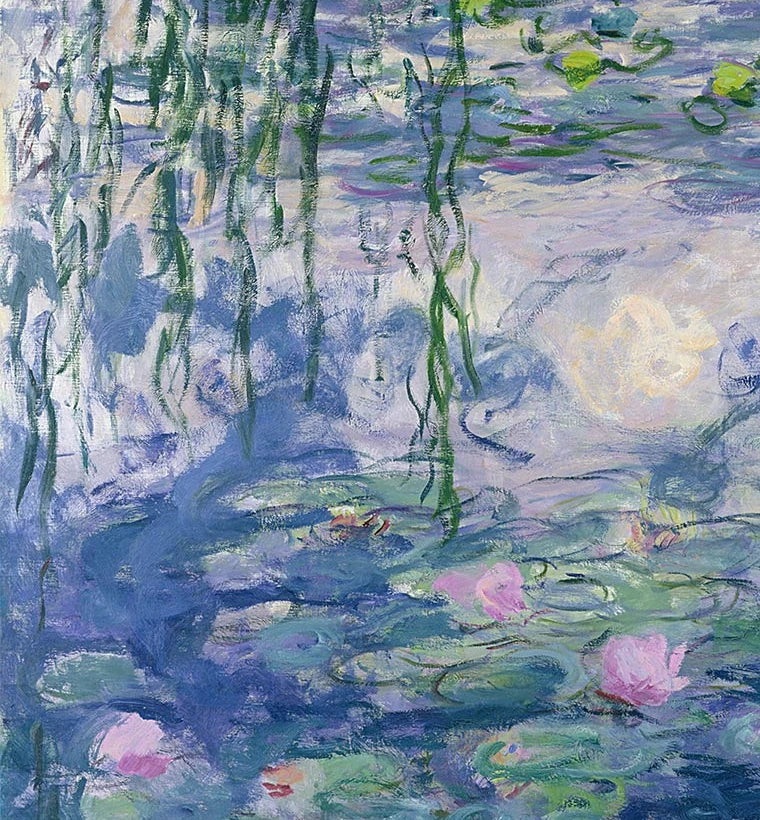 Détail du rideau de saule gauche, des reflets lilas et des fleurs roses dans les Nymphéas W1852