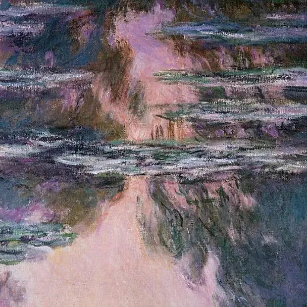 Détail du reflet rose et des feuilles dans les Nymphéas W1714 de Claude Monet
