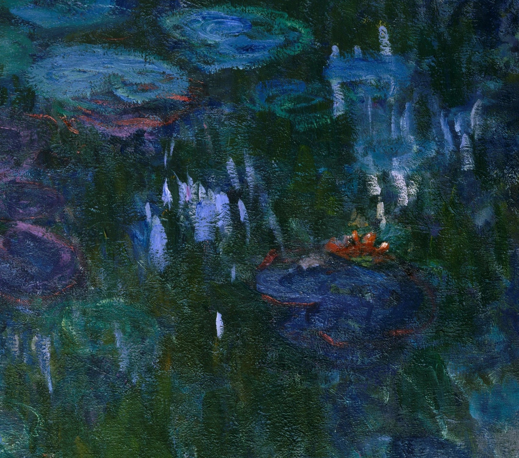 Détail des feuilles, fleurs rouges et reflets dans Nymphéas W1858 de Claude Monet