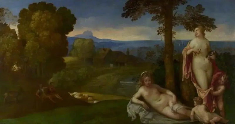 Nymphs and children in a landscape with shepherds - Giorgione