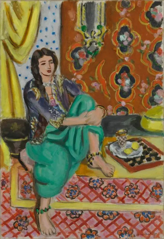 Seated Odalisque, left knee bent, ornamental background and checkerboard - Henri Matisse