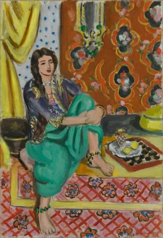 Seated Odalisque, left knee bent, ornamental background and checkerboard - Henri Matisse