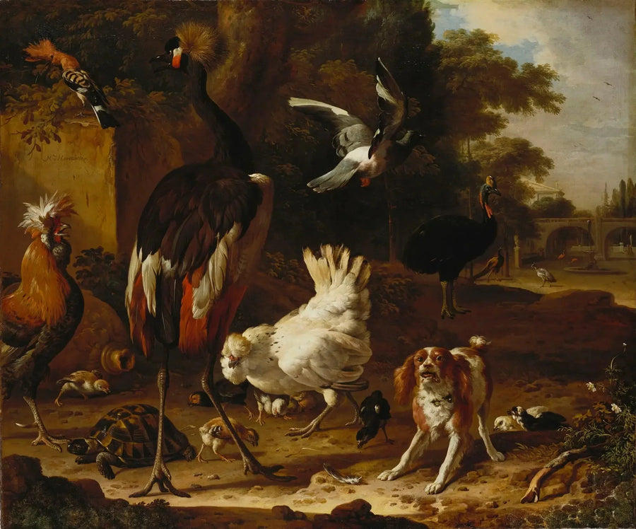 Birds and Spaniel in a Garden - Melchior de Hondecoeter