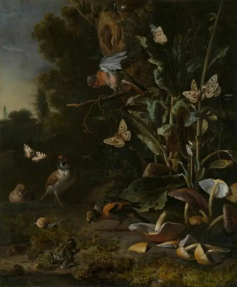 Birds, butterflies and a frog among the plants and mushrooms - Melchior de Hondecoeter