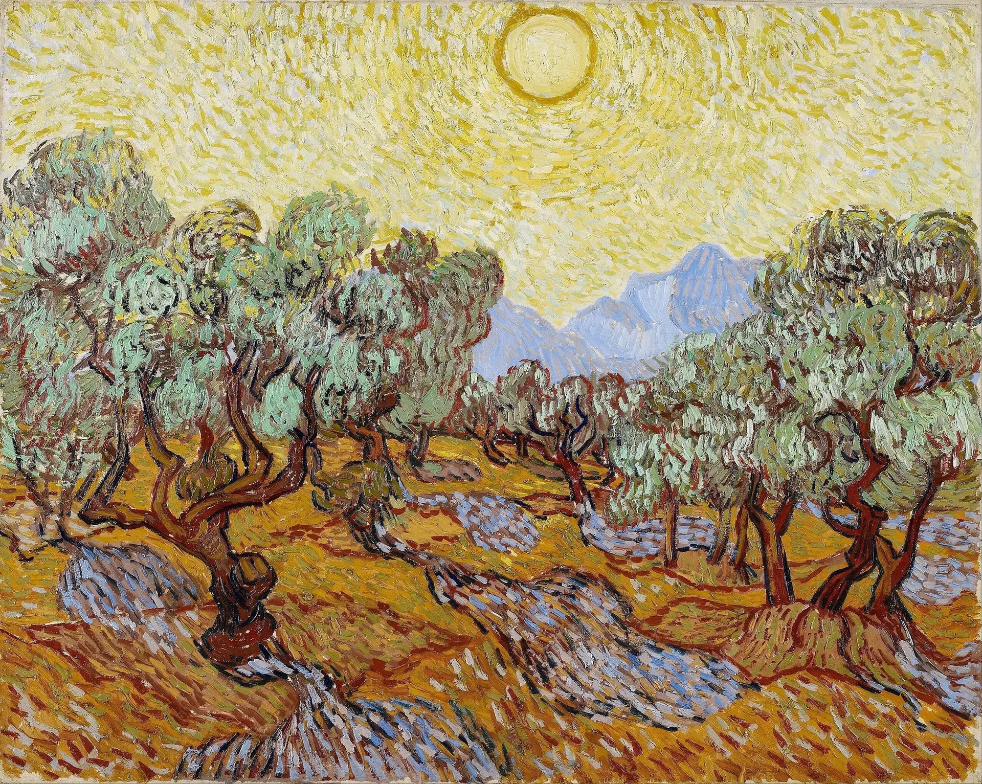 Oliviers avec ciel jaune et soleil - Vincent van Gogh image 1 copie peinte à la main à l’huile