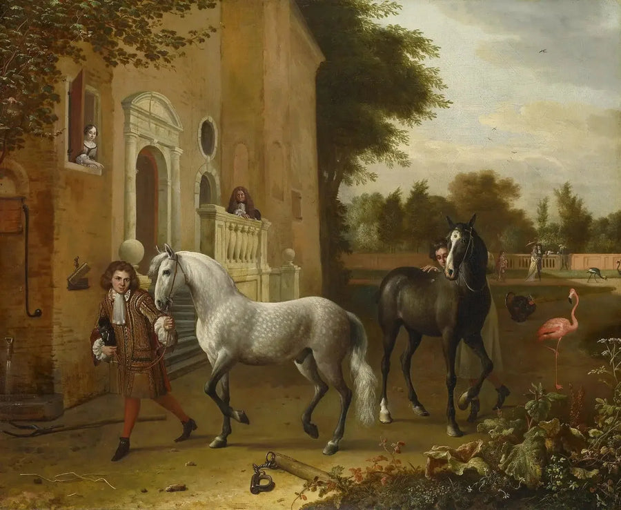 Stable boys with horses, a gray and a dark bay, at Nijenrode Castle - Melchior de Hondecoeter