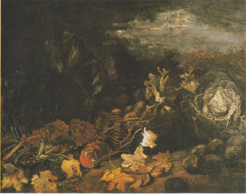 Still life with a basket of potatoes, surrounded by autumn leaves and vegetables - Vincent van Gogh