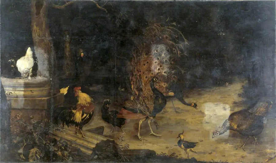 Peacock and herons in a forest - Melchior de Hondecoeter