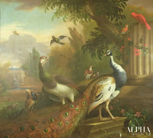 Paon et piaf avec un cardinal rouge dans un paysage classique - Tobias Stranover - Reproductions de tableaux et peintures haut de gamme