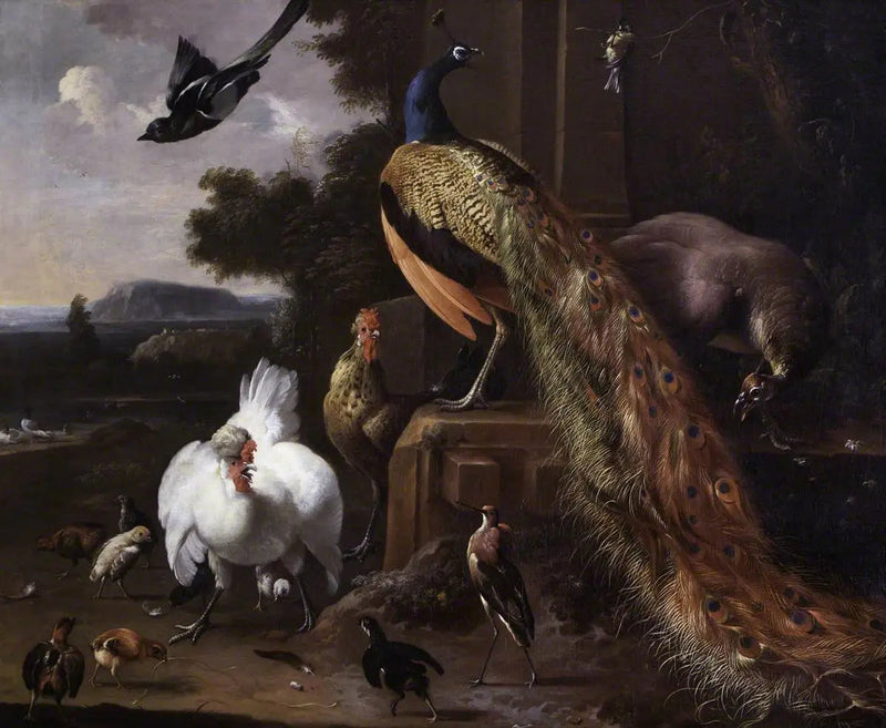 Peacocks and farmyard poultry with a magpie in a landscape - Melchior de Hondecoeter