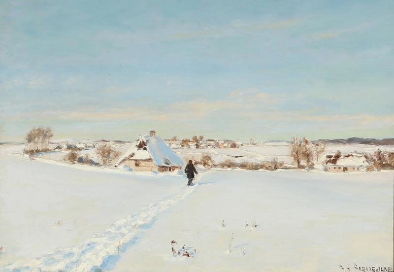 By a beautiful winter day, a man walks towards a farm. - H. A. Brendekilde