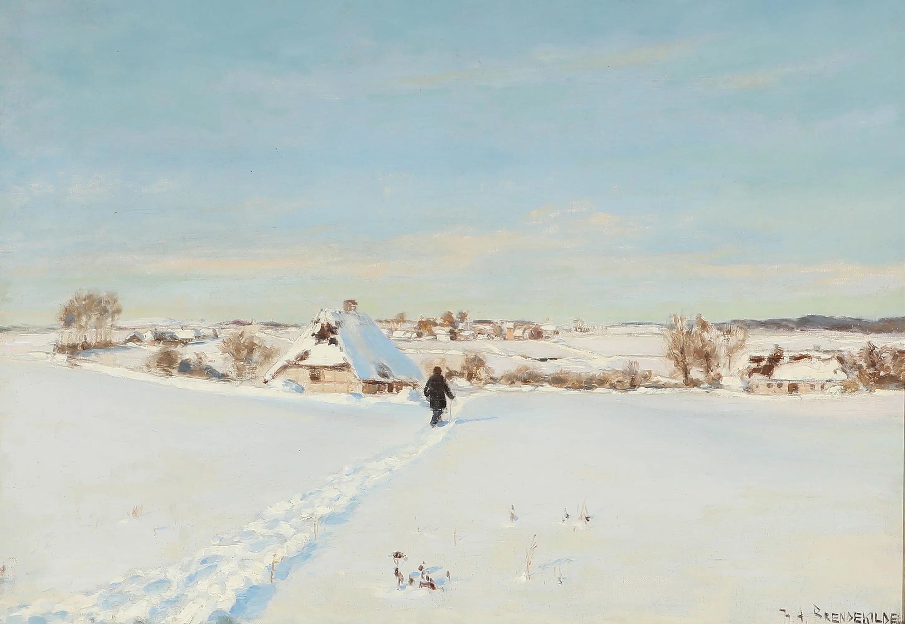 Par une belle journée d’hiver un homme marche vers une ferme. - H. A. Brendekilde - Alpha Reproduction