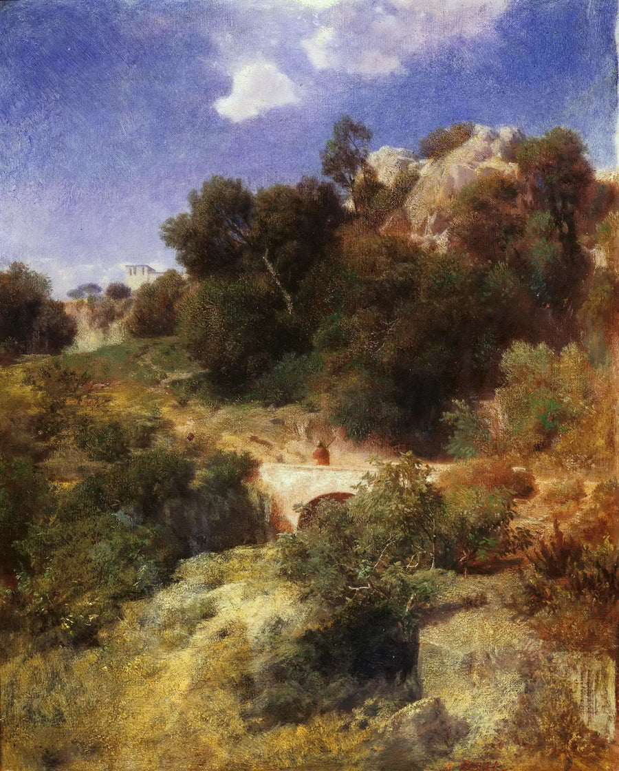 Hilly rocky country with bridge - Arnold Böcklin