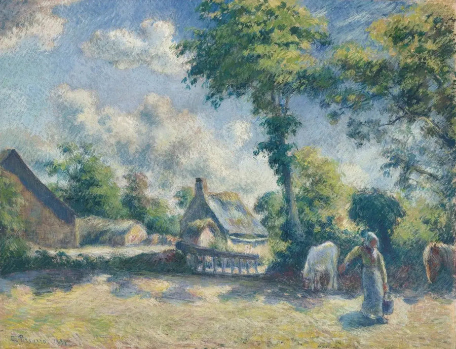 Landscape at Melleray, woman giving drink to horses - Camille Pissarro