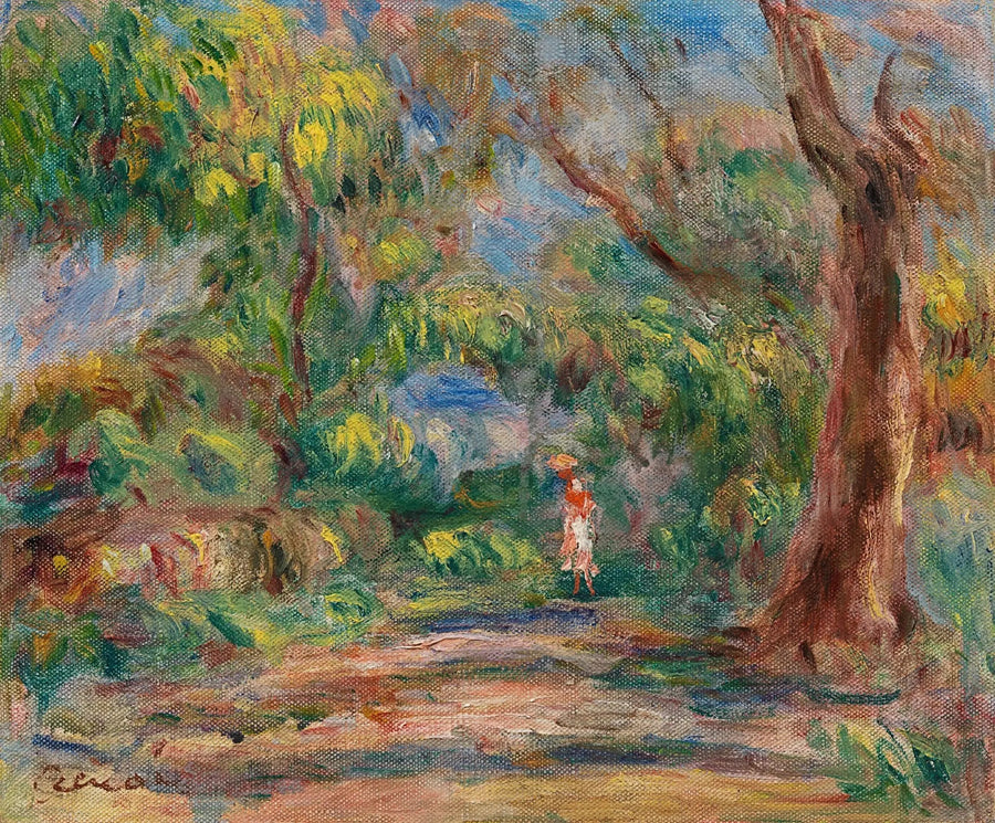 Landscape, farm lane with woman in red and white - Pierre-Auguste Renoir