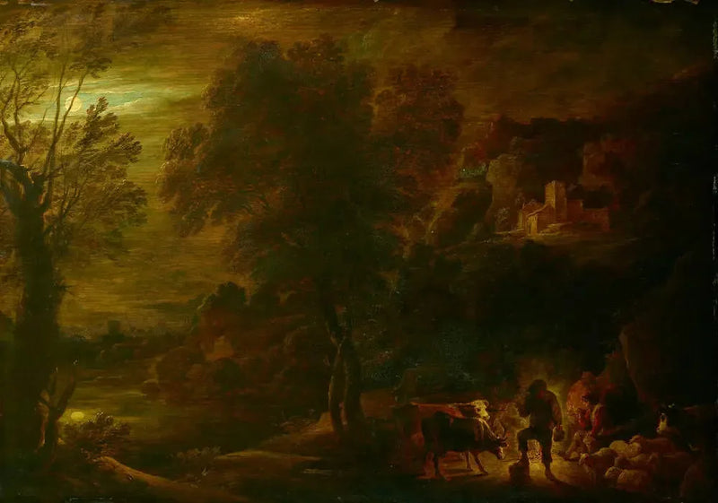 Moonlit Landscape with Shepherds by the Fire - David Teniers the Younger