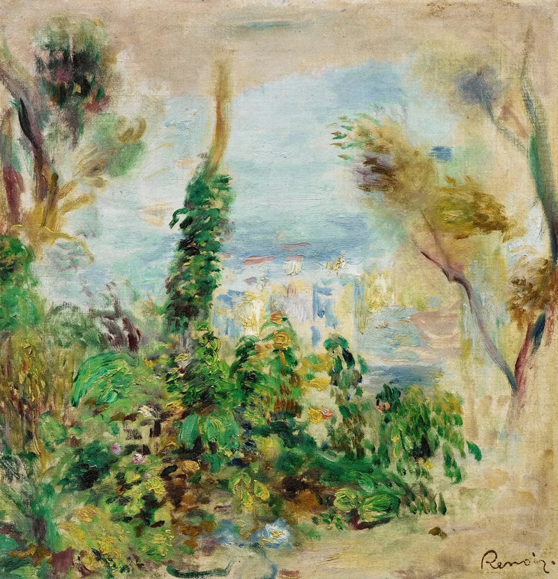 Landscape, with climbing flowers in the foreground, houses in the background - Pierre-Auguste Renoir