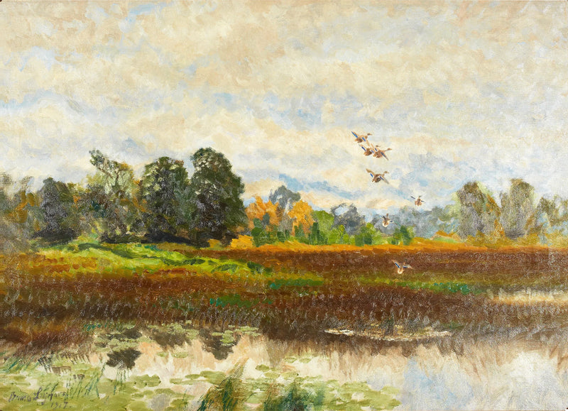 Landscape with mallard ducks taking flight - Bruno Liljefors