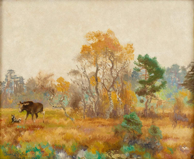 Landscape with moose (Alces alces) and a Norwegian elkdog - Bruno Liljefors