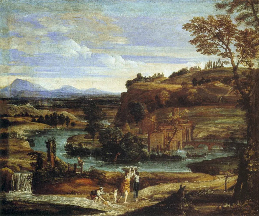 Landscape with laundry washers and a child spilling wine - Domenichino