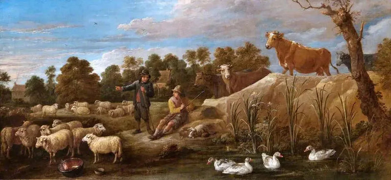 Landscape with Two Shepherds, Livestock, and Ducks - David Teniers the Younger