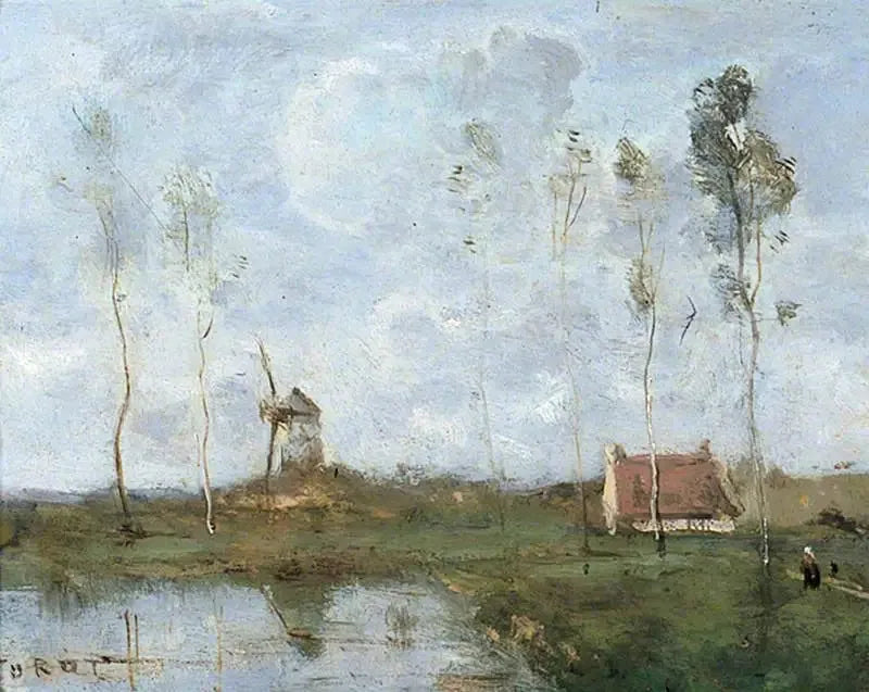 Landscape with a Chalet and a Windmill - Jean-Baptiste Camille Corot